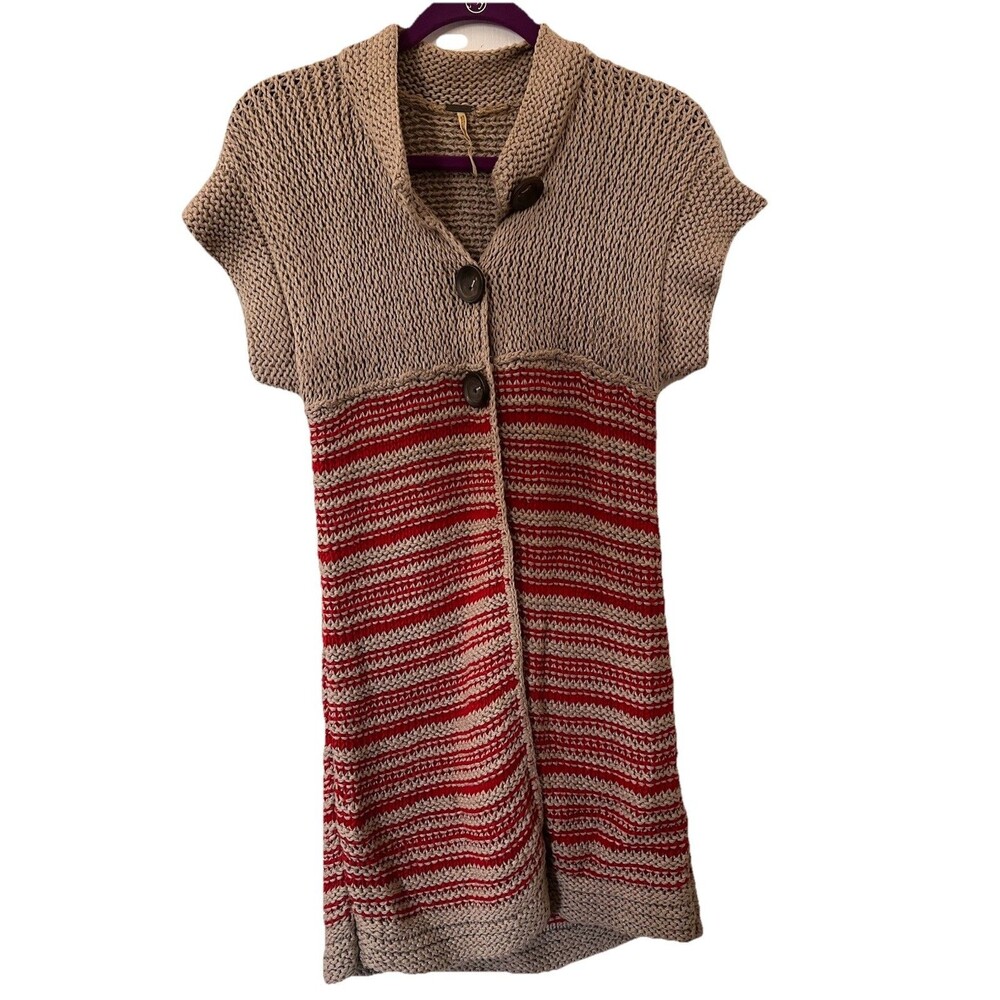 Women’s Free People Short Sleeve Beige And Red Sweater Size S
